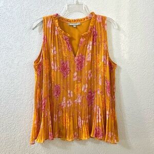Daniel Rainn Golden Yellow Pink Red Floral Sleeveless Flowy Casual Blouse Top L